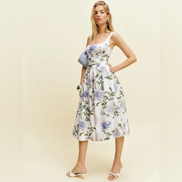 NEW Reformation Janu Midi Linen Dress Serenity White Blue Floral | US 2 / UK 6 - Picture 3 of 15